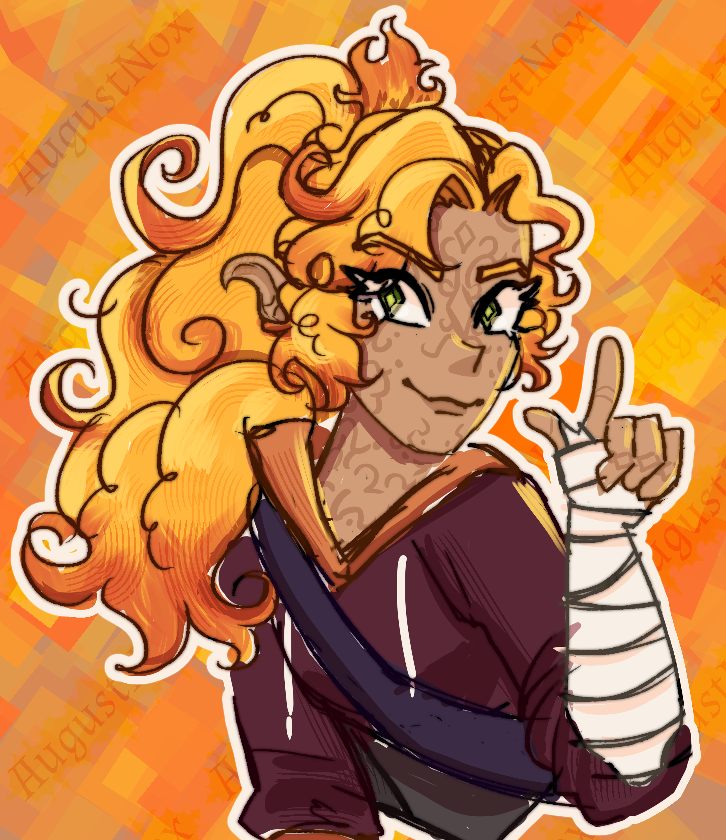 a portrait of Amber, an alien girl with skin markings, fiery hair and flame powers