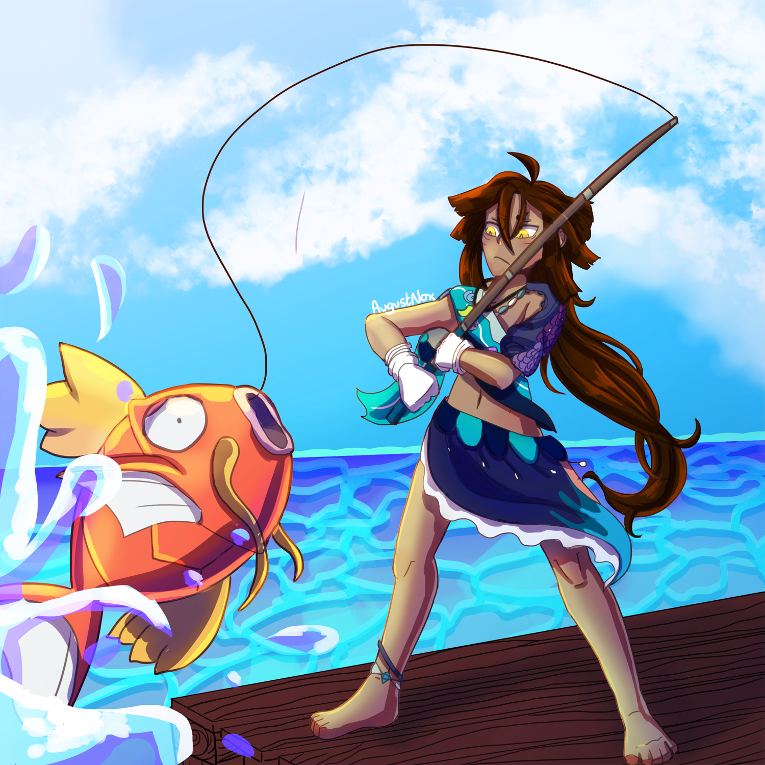 a Pokemon original character fishing and catching a magicarp.