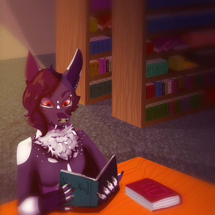 An anthropomorphic furry character reading a book in a library.