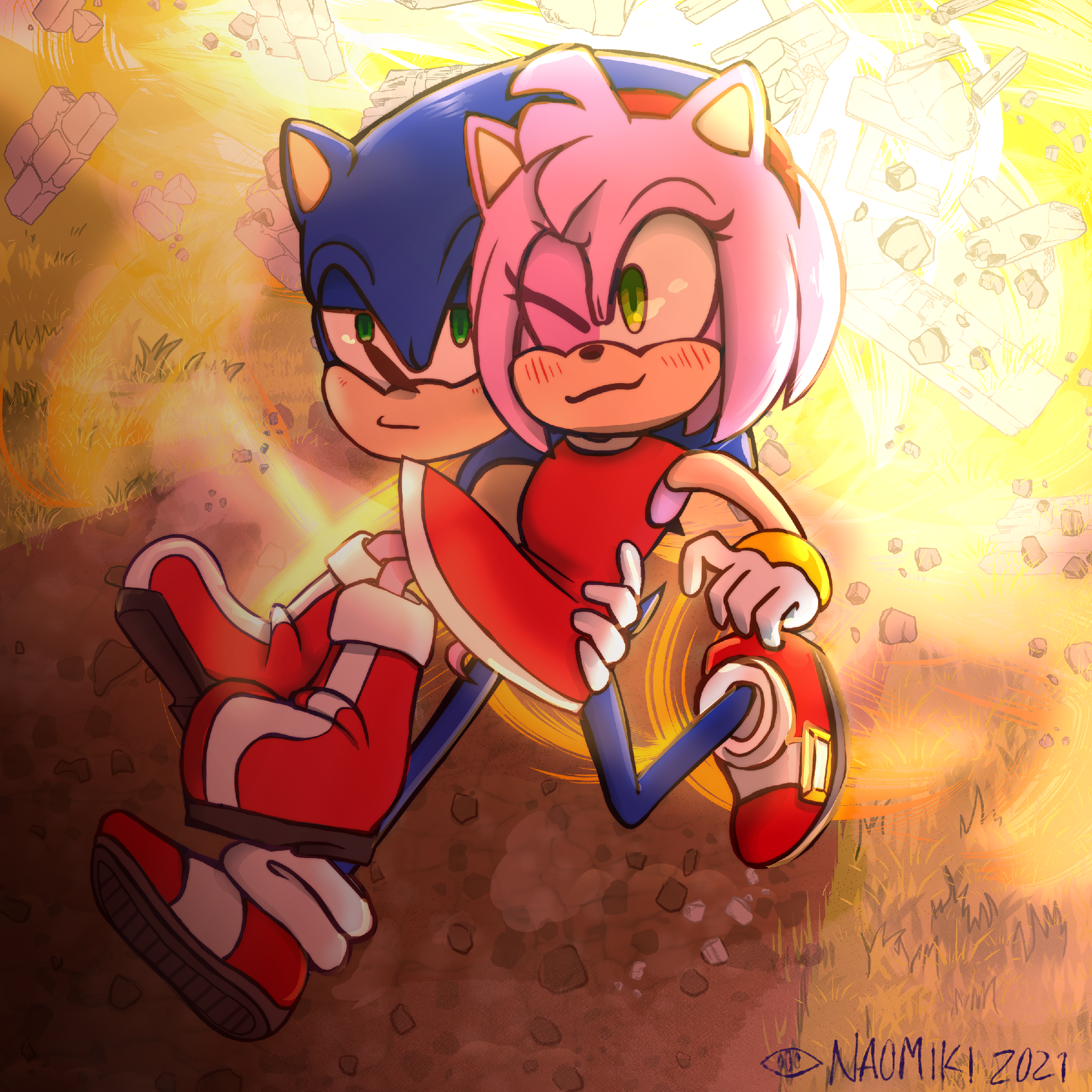 Amy Rose being held by Sonic while sprinting away from an explosion.