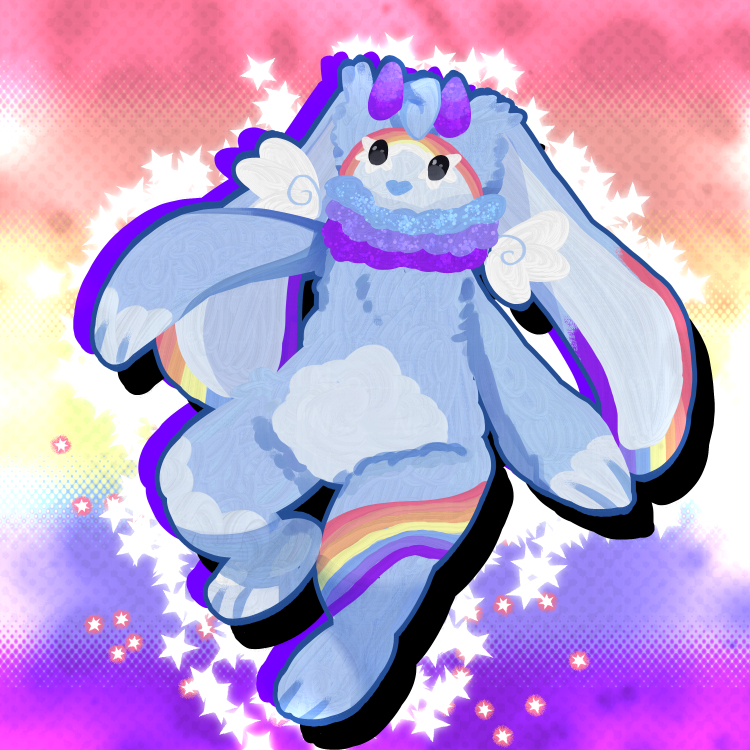 a pastel plush rabbit character in an abstract background.