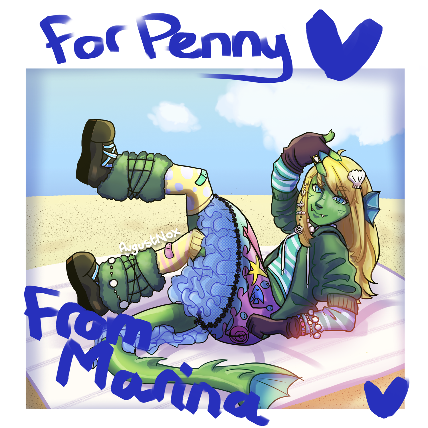 a drawing of a polaroid of an aquatic humanoid posing on the beach with stylish clothes.