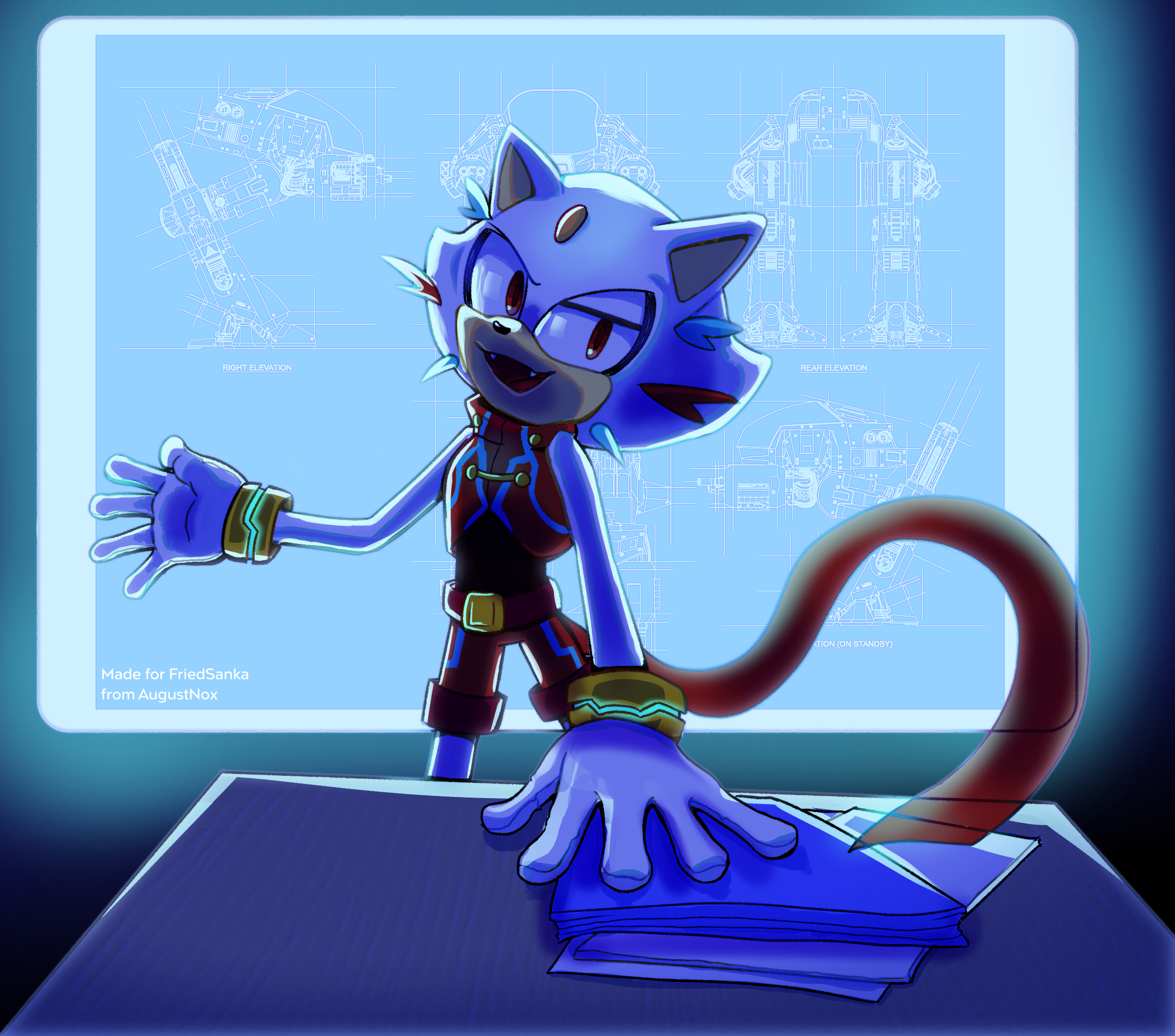 an art trade of a cat SOnic original character doing a business proposition in a dark blue room.