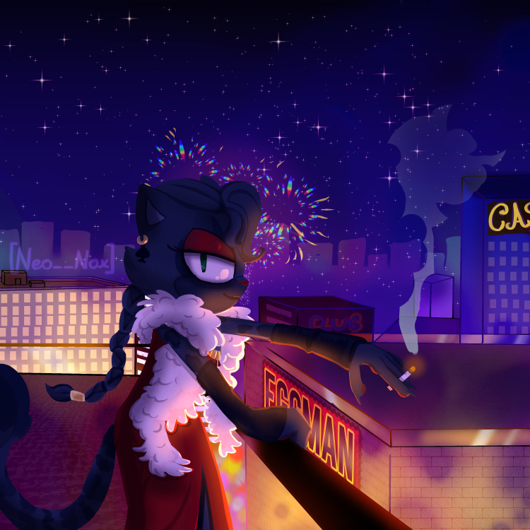 a Sonic original character smoking on the roof of a building in the city in the night, leaning on a fence.