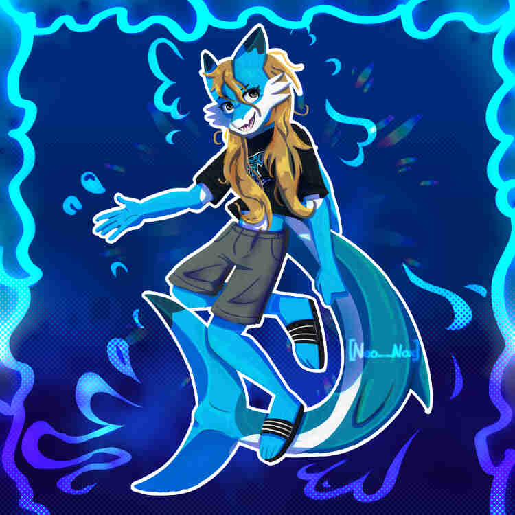 an anthro shark person in a blue abstract background.