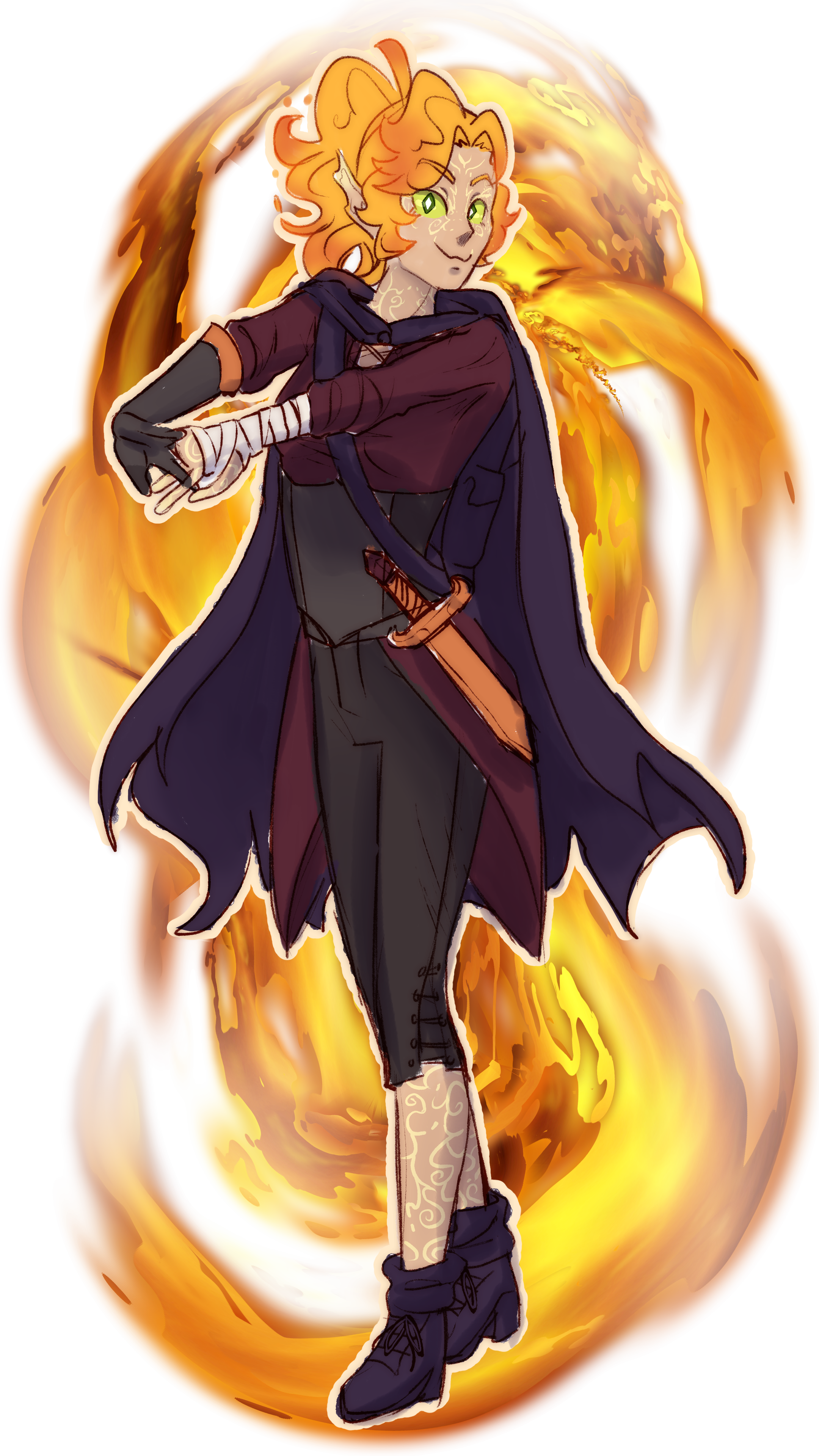 a full body drawing of Amber, an alien girl with skin markings, fiery hair and flame powers