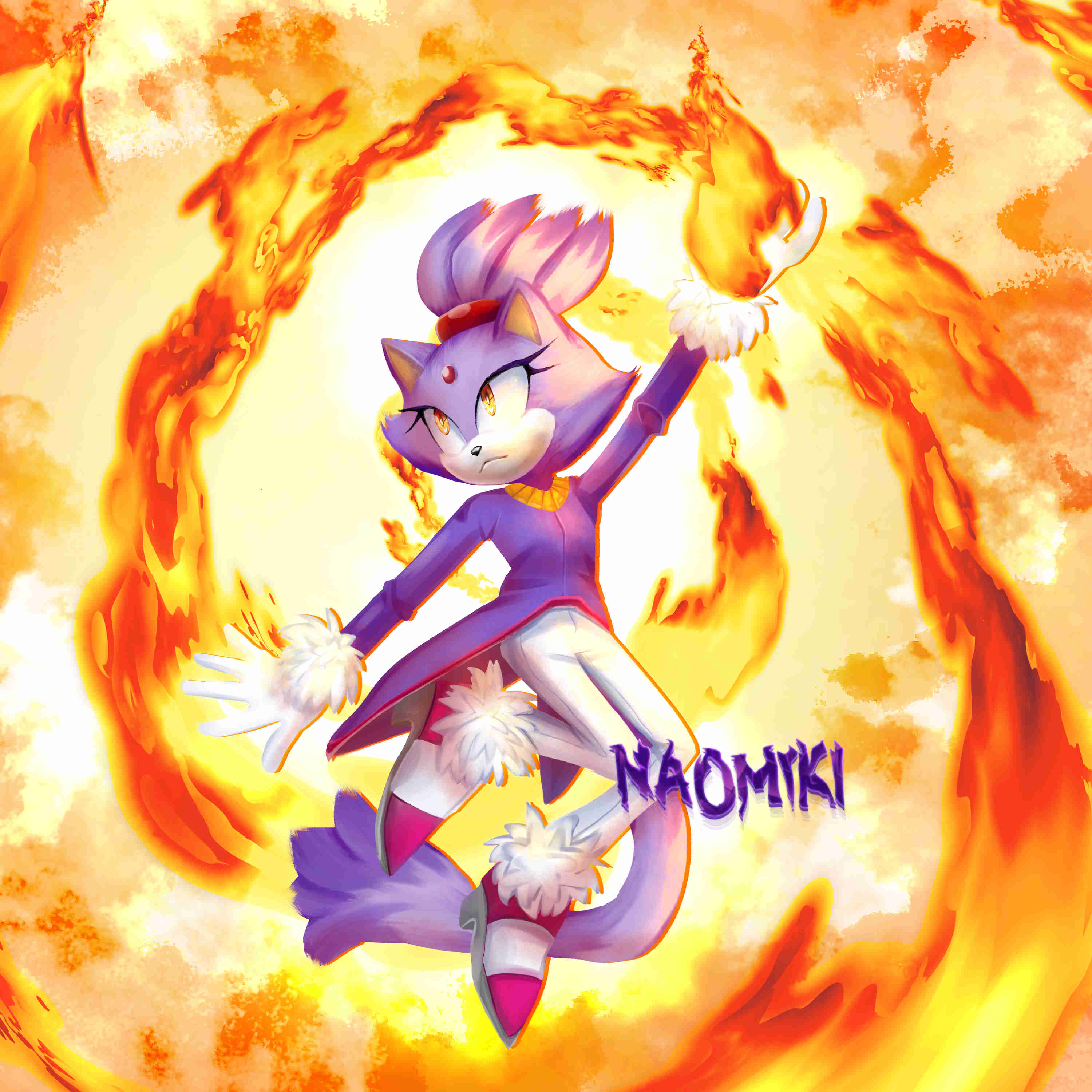 Blaze the Cat from the Sonic the hedgehog series in an abstract fire background.