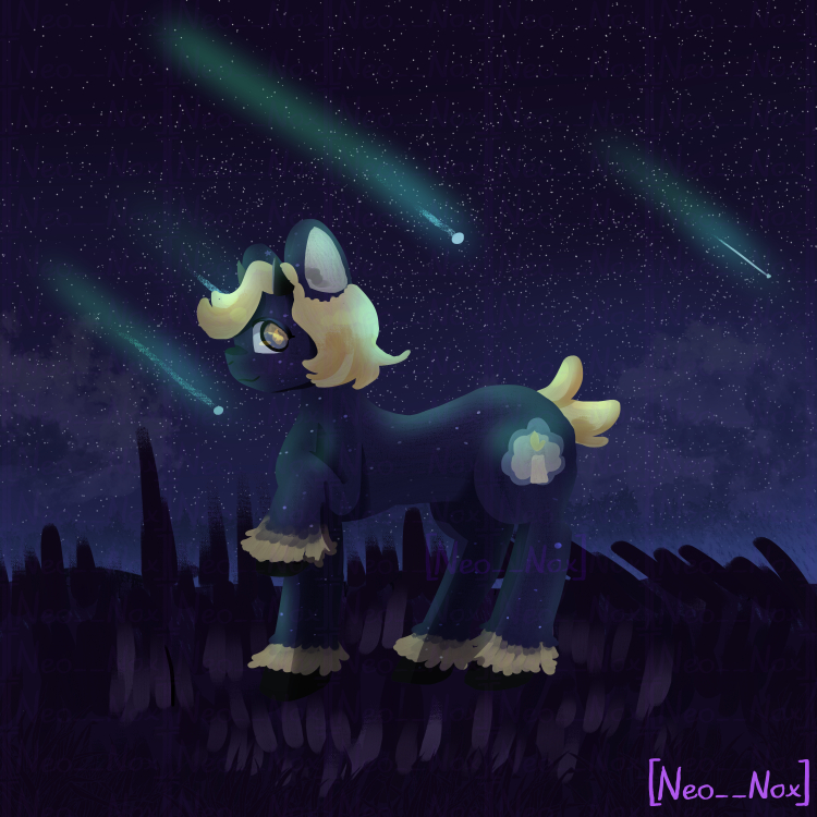 a My Little Pony original character in a field watching the night sky full of stars.