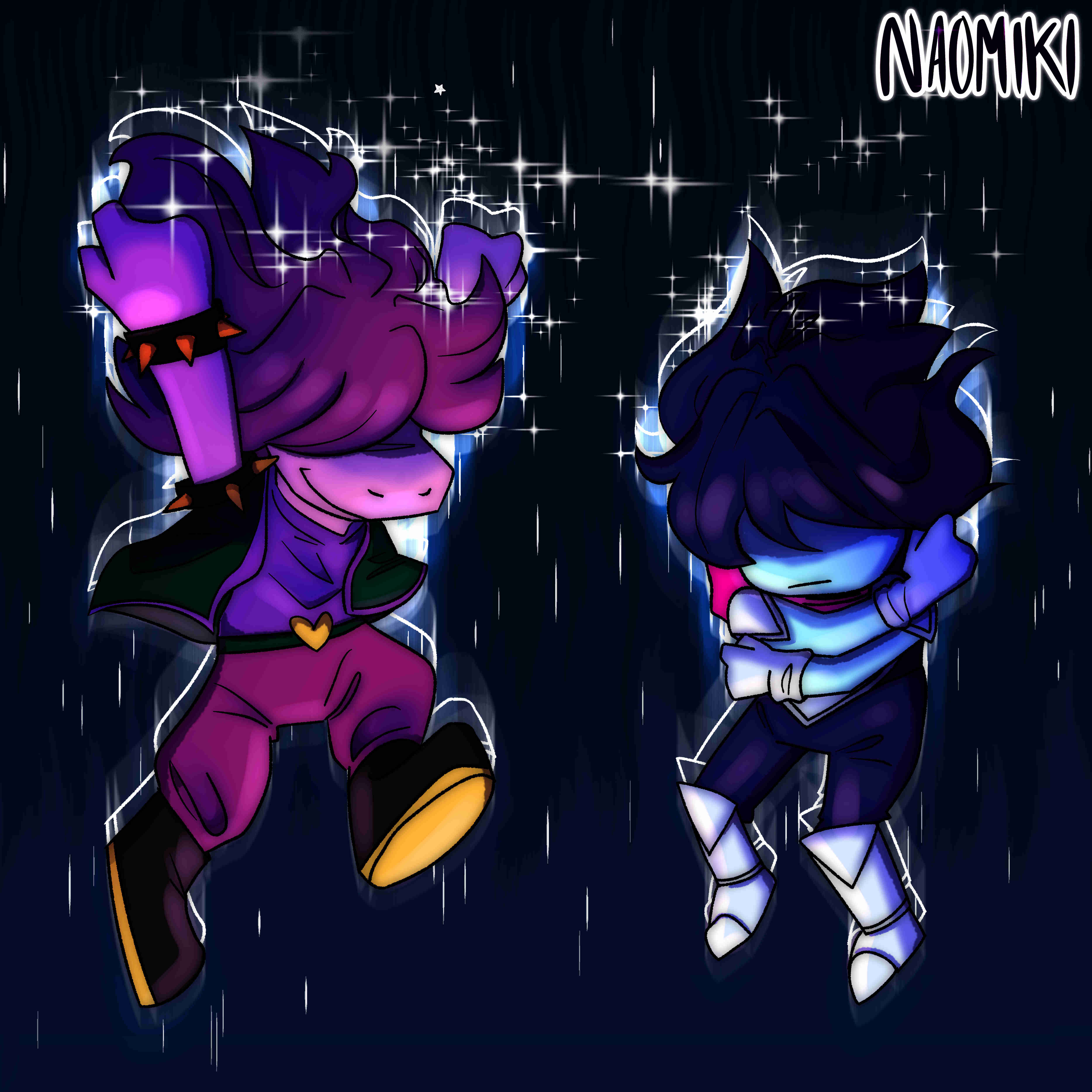 Kris and Susie from Deltarune falling into the dark world.