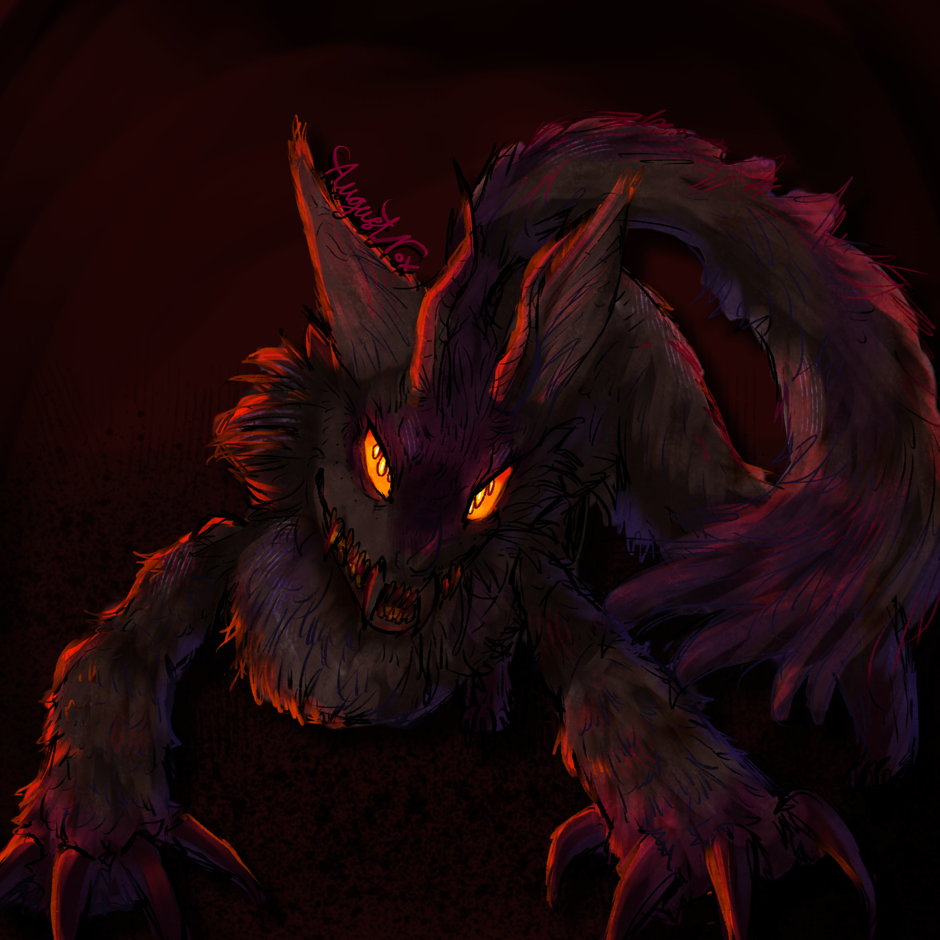 A dark dynamic drawing of a dragonoid monster leaping forwards.