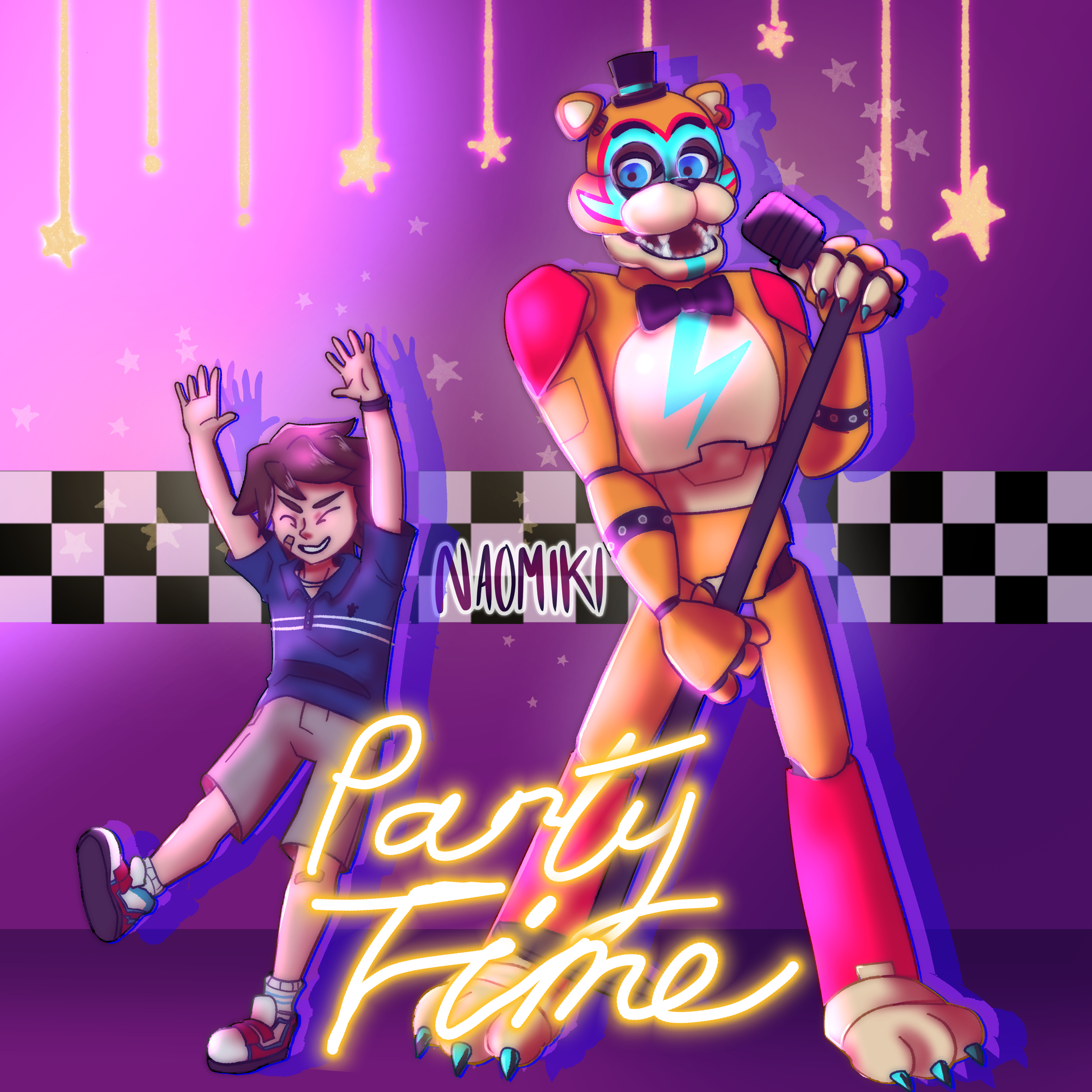 Gregory and Glamrock Freddy from Fnaf Security Breach dancing while in the pizzaplex.