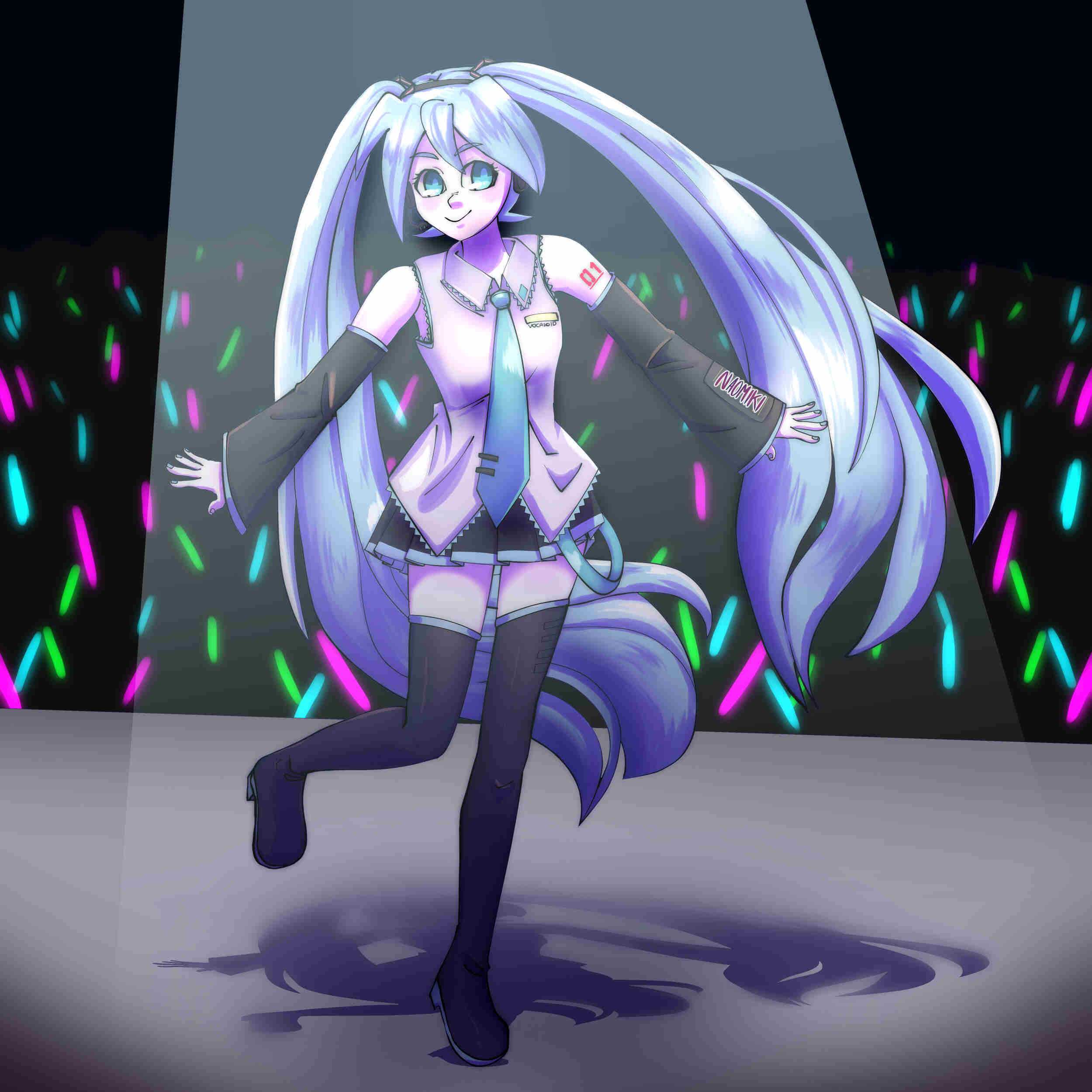 Hatsune Miku on a stage, glowsticks moving in the background.