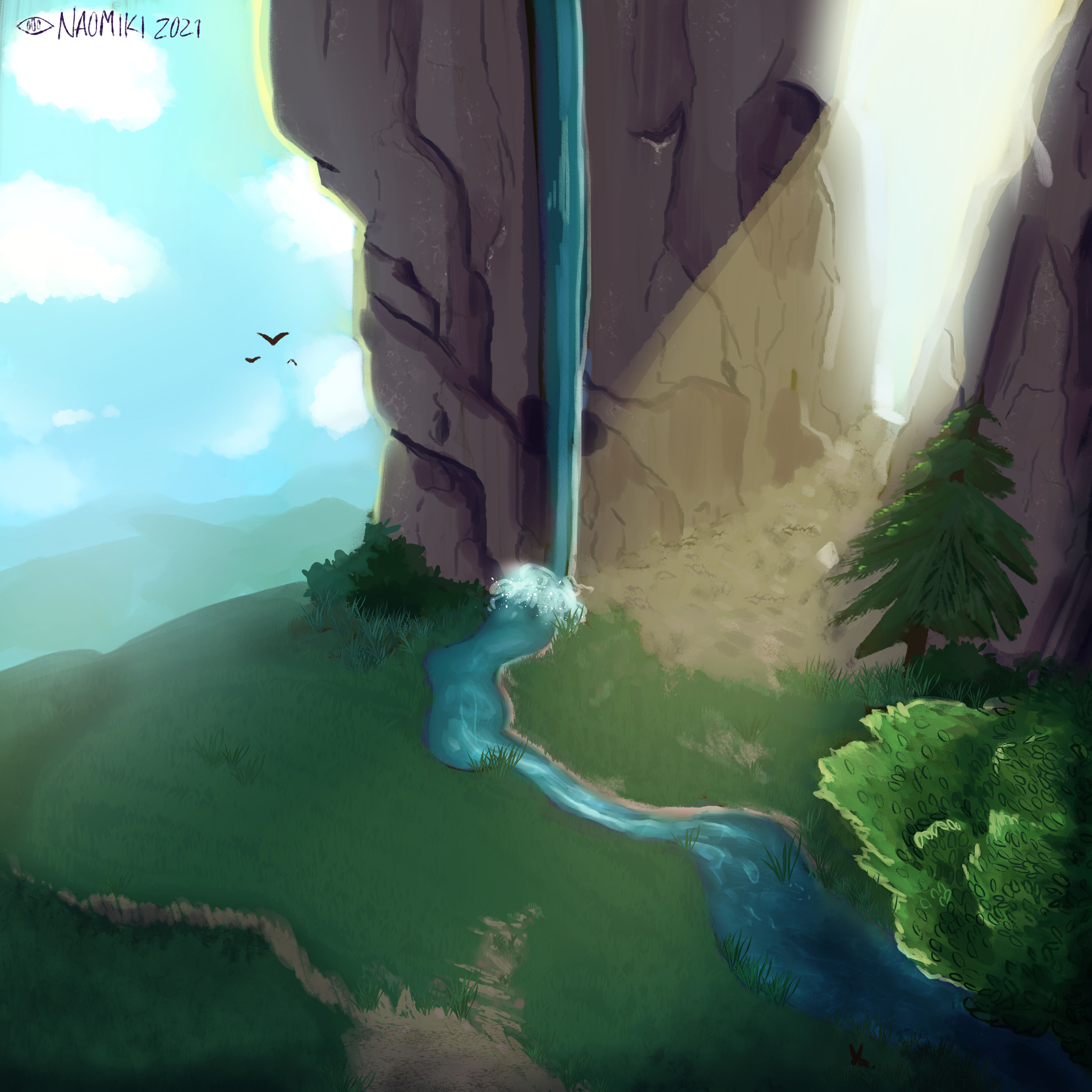 a landscape illustraction with a waterfall in the day.