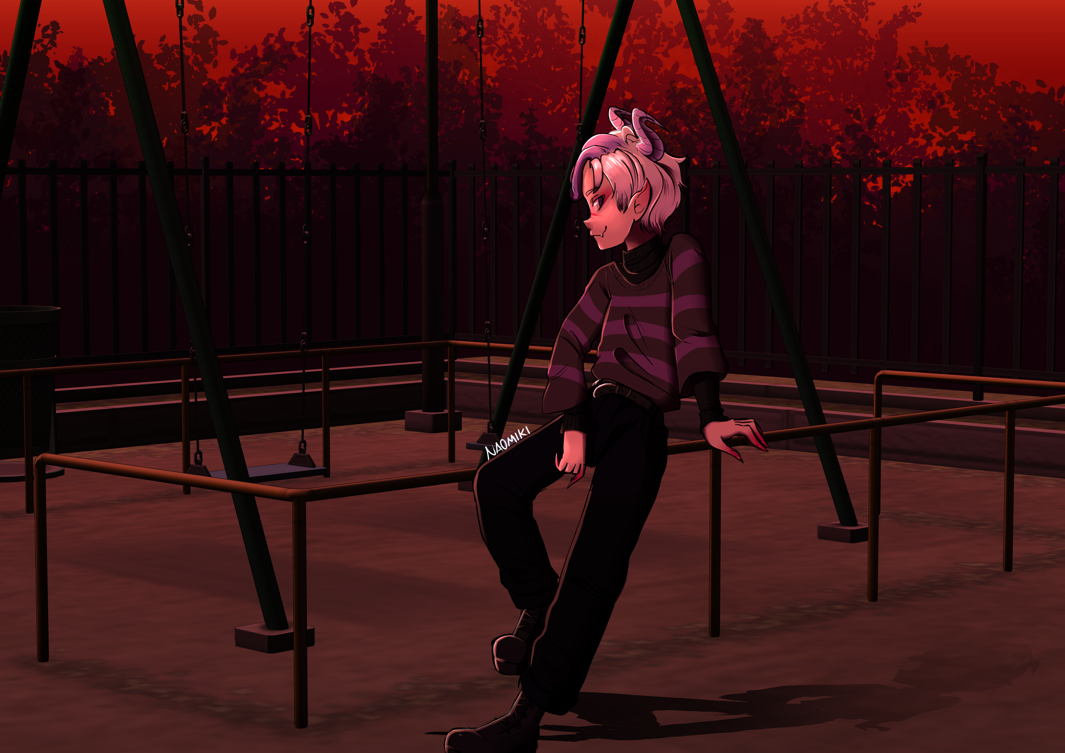 a human with horns and claws sitting in a playground during sunset.