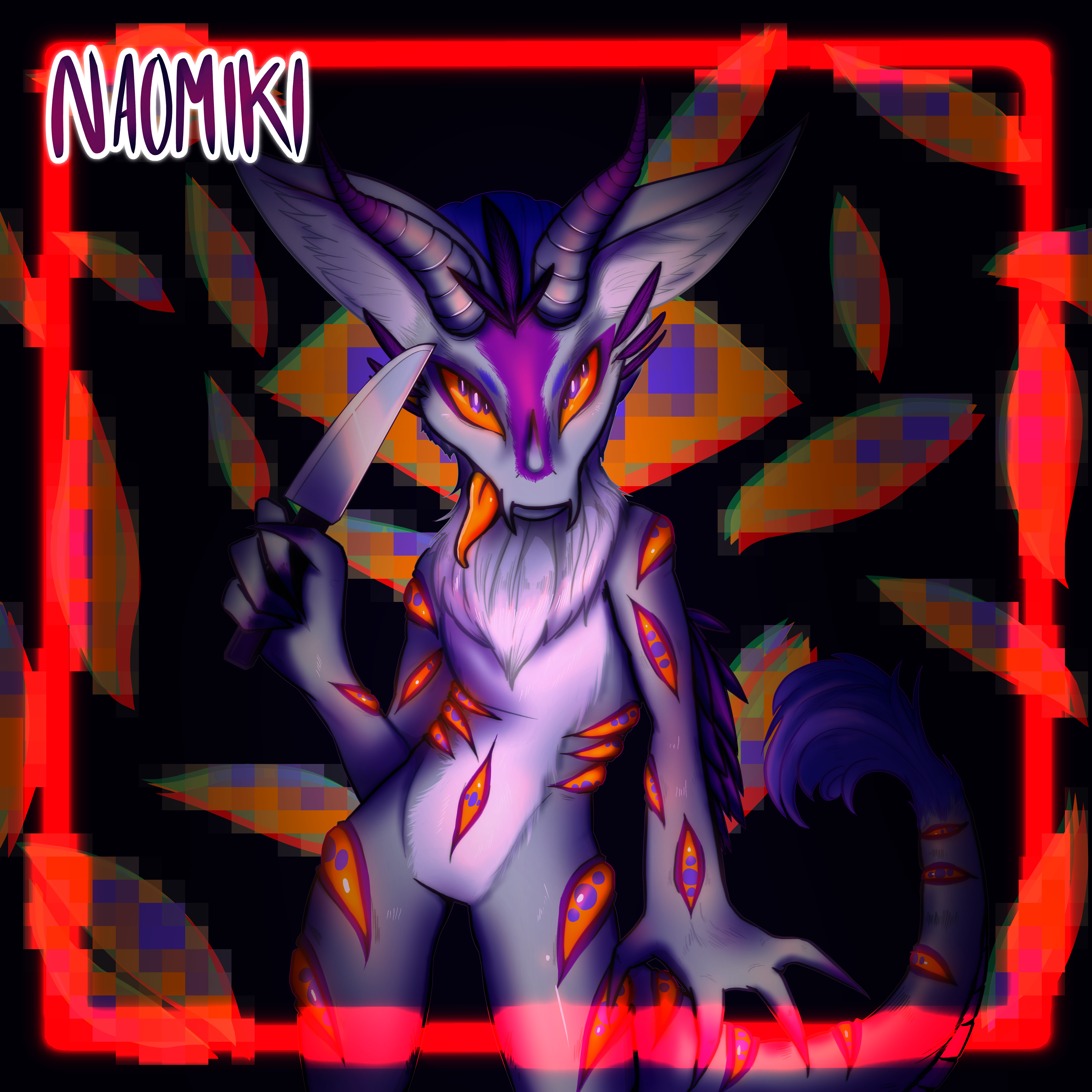 an anthropomorphic dragon with lots of eyes around the body with an intimidating look holding a knife.