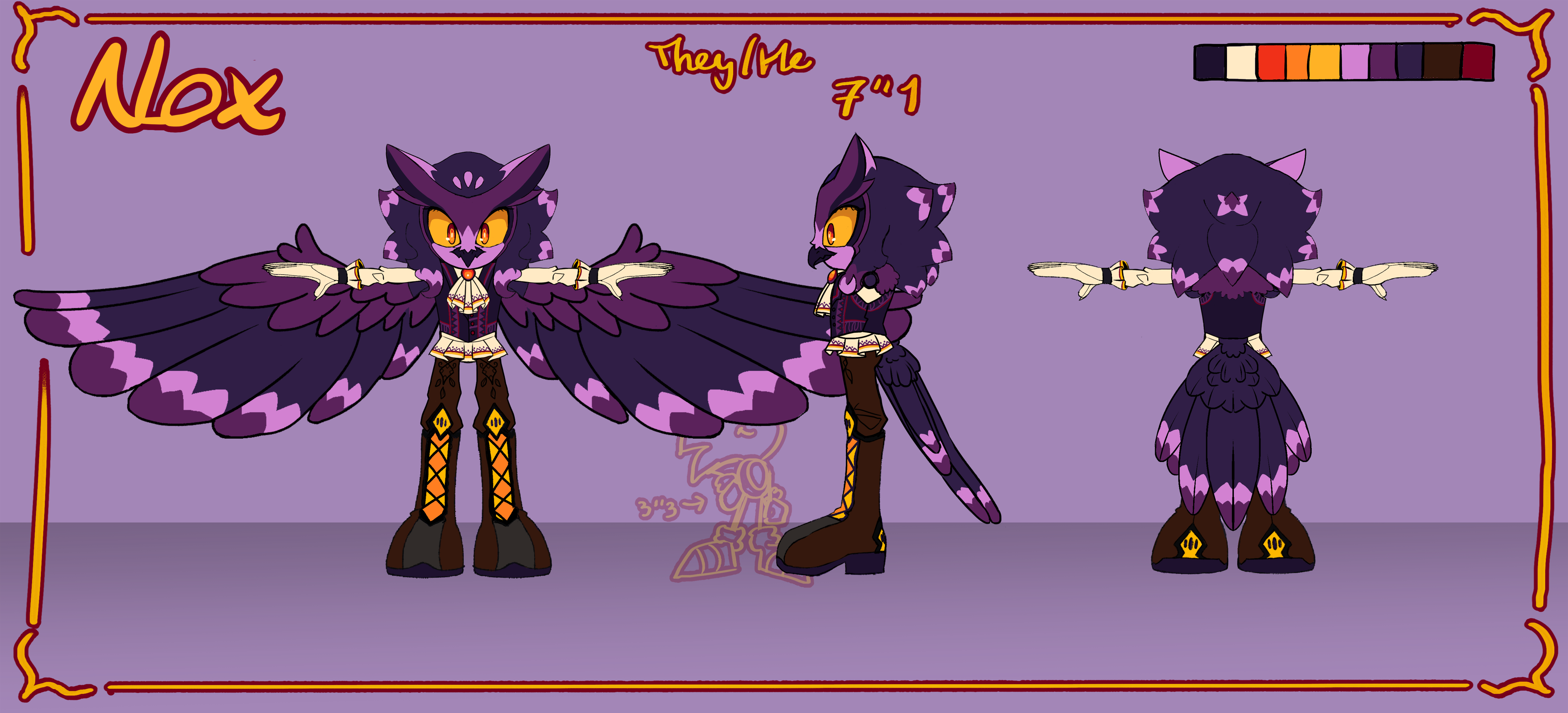 a modelsheet of a Sonic fan character, Nox the purple owl.