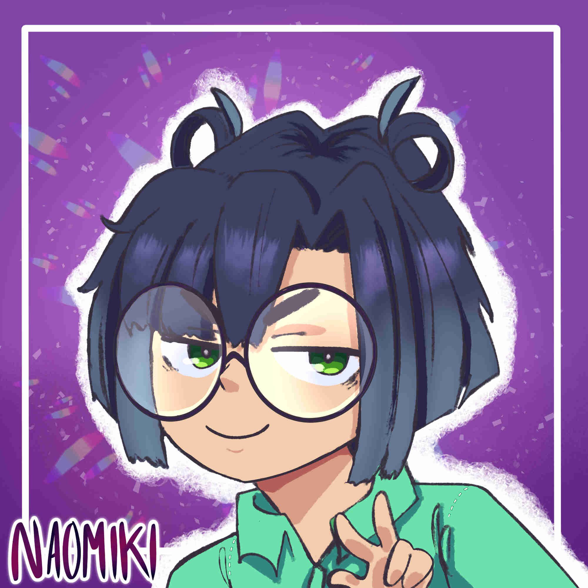 a portrait of a blue hair person with big round glasses.