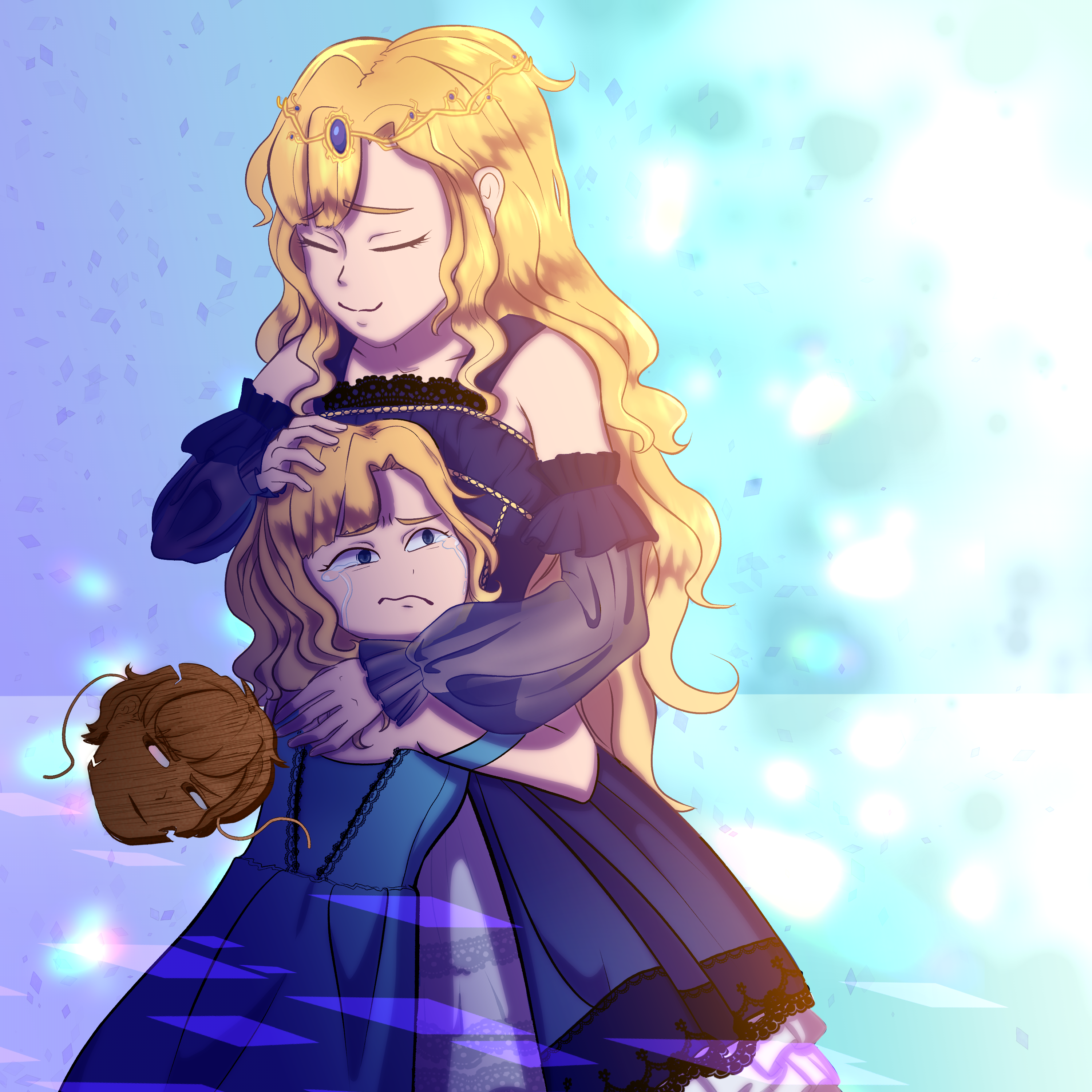 drawing of a woman hugging and consoling a younger version of herself and taking off a wooden mask.