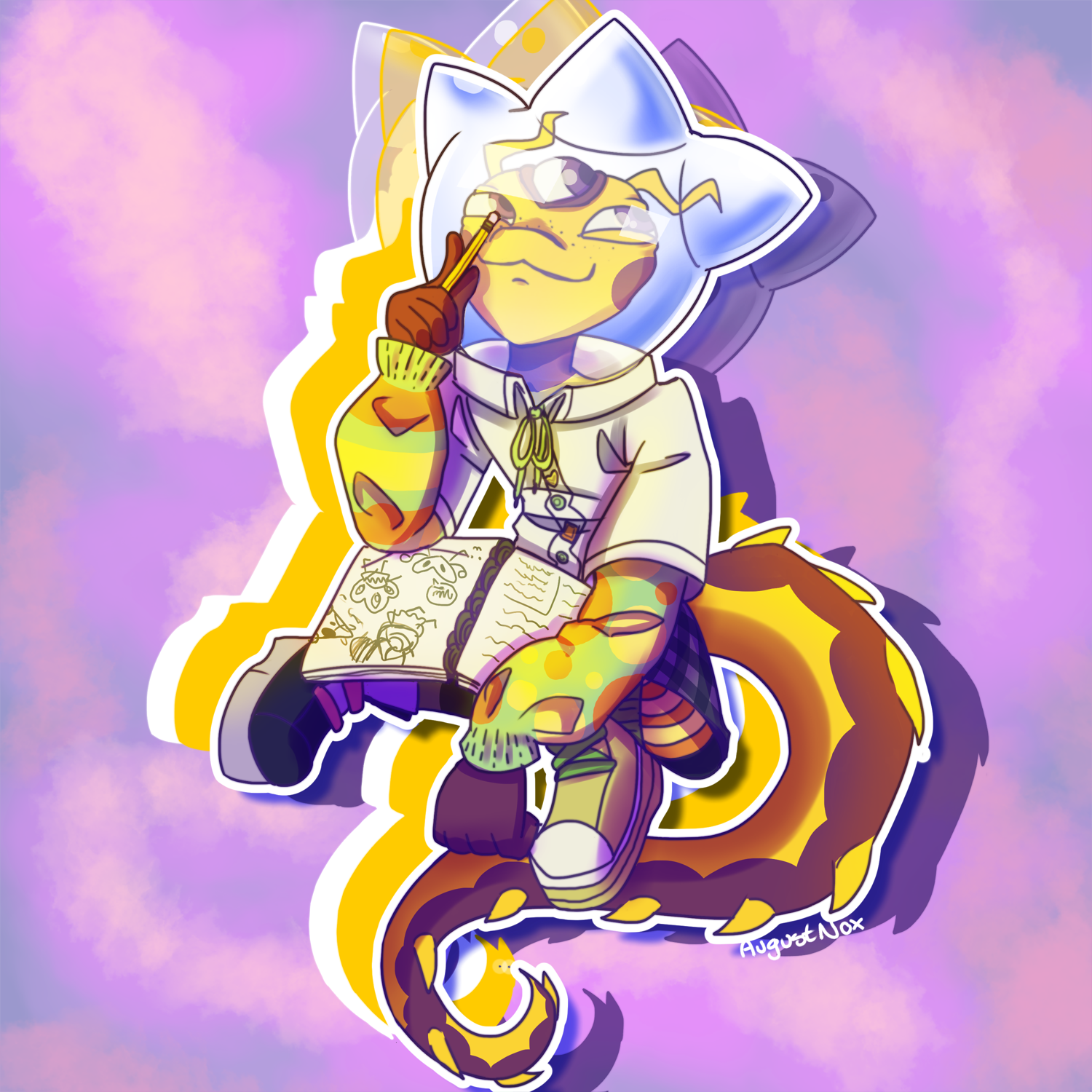 an aquatic or reptile anthro character doodling in a notebook while sitting with legs crossed.