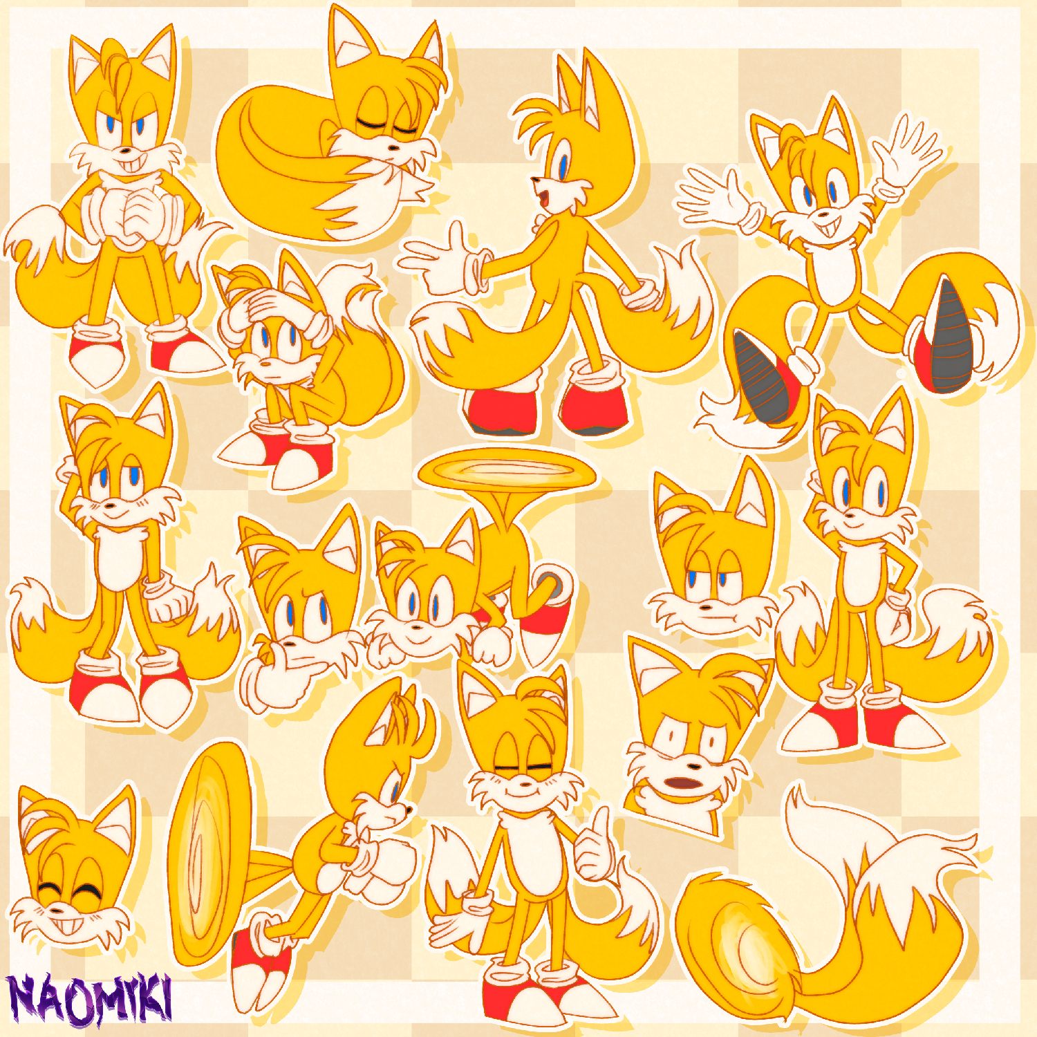 A collage of Tails the Fox from the Sonic the hedgehog series in random poses and expressions.