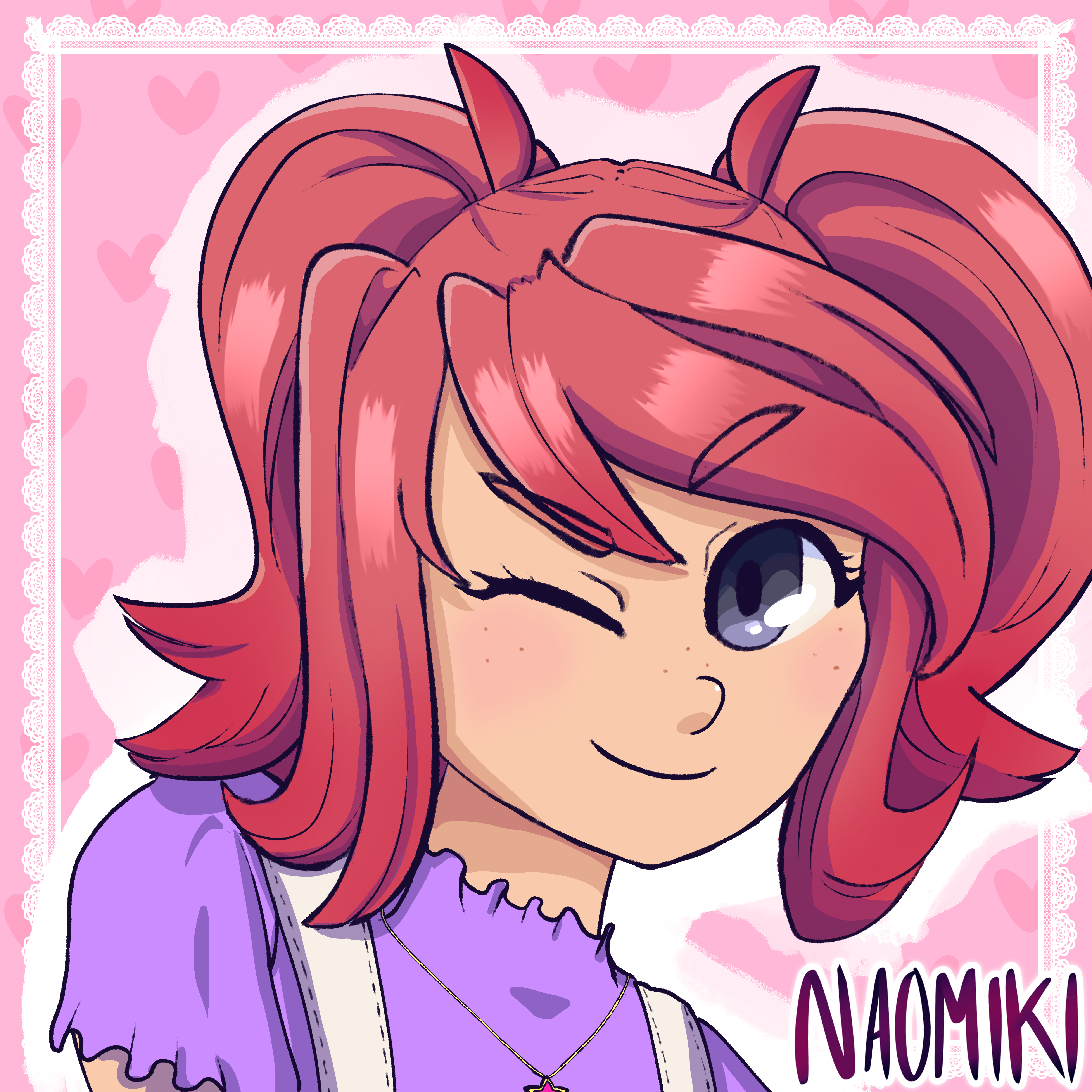 a portrait of a smiling girl with fluffy pink ponytails.