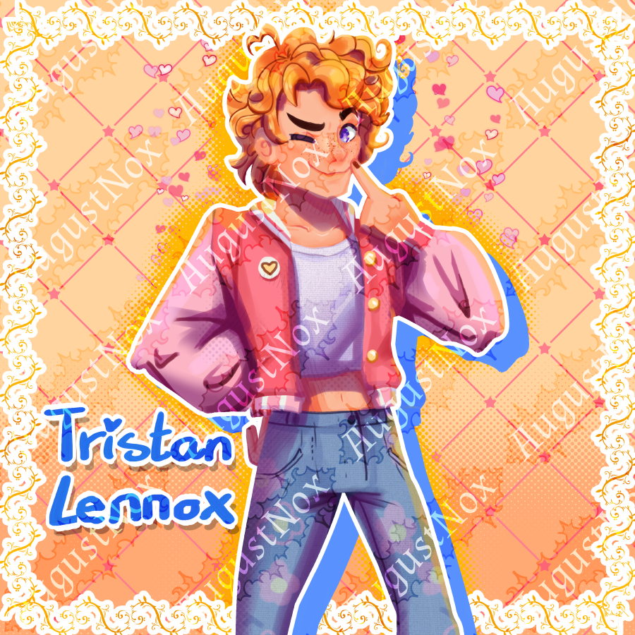 a blonde curly haired young man smiling with a pink varsity jacket in a yellow abstract background.