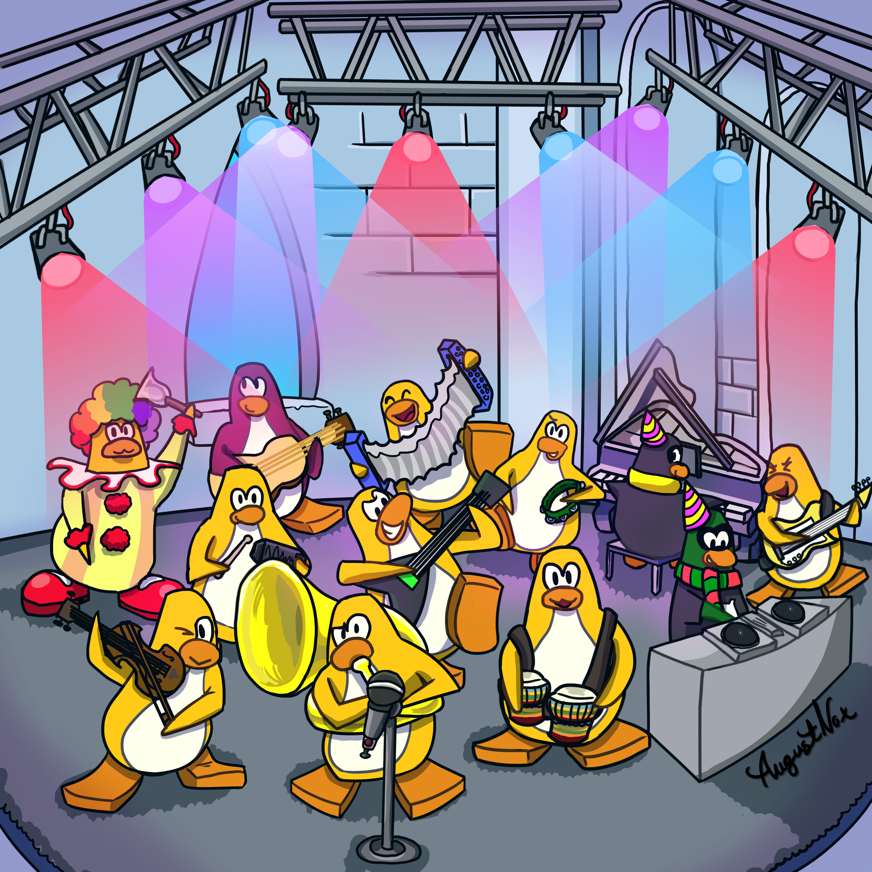 many yellow penguins playing in a band in the art style of Club Penguin.